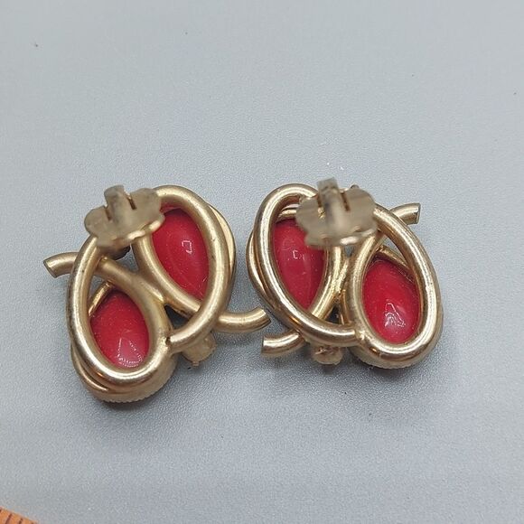 Henkel & grosse cabochon - Gem Vtg Henkel & Grosse for Dior Copper Fluss Red Glass Teardrop Cabochon Earrings
